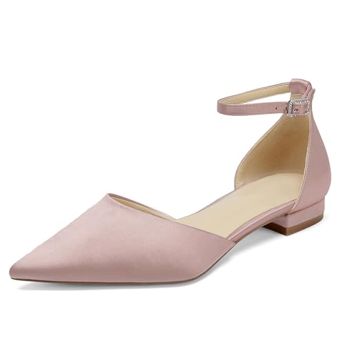 OAUSZC Brautschuhe Flache Ballerinas Damen Satin Spitze Zehen Riemen Hochzeitsschuhe,Blush,35 EU von OAUSZC