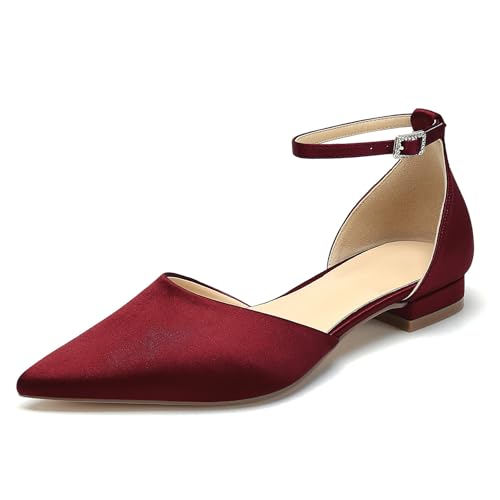 OAUSZC Brautschuhe Flache Ballerinas Damen Satin Spitze Zehen Riemen Hochzeitsschuhe,Burgundy,42 EU von OAUSZC