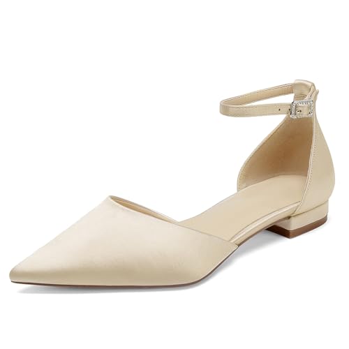 OAUSZC Brautschuhe Flache Ballerinas Damen Satin Spitze Zehen Riemen Hochzeitsschuhe,Champagne,41 EU von OAUSZC