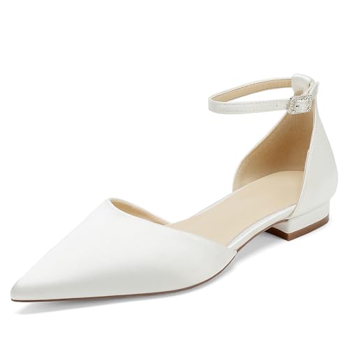 OAUSZC Brautschuhe Flache Ballerinas Damen Satin Spitze Zehen Riemen Hochzeitsschuhe,Elfenbein,43 EU von OAUSZC