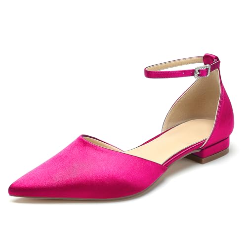 OAUSZC Brautschuhe Flache Ballerinas Damen Satin Spitze Zehen Riemen Hochzeitsschuhe,Fuchsia,38 EU von OAUSZC
