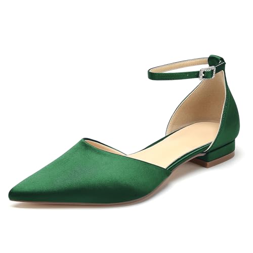 OAUSZC Brautschuhe Flache Ballerinas Damen Satin Spitze Zehen Riemen Hochzeitsschuhe,Grün,41 EU von OAUSZC
