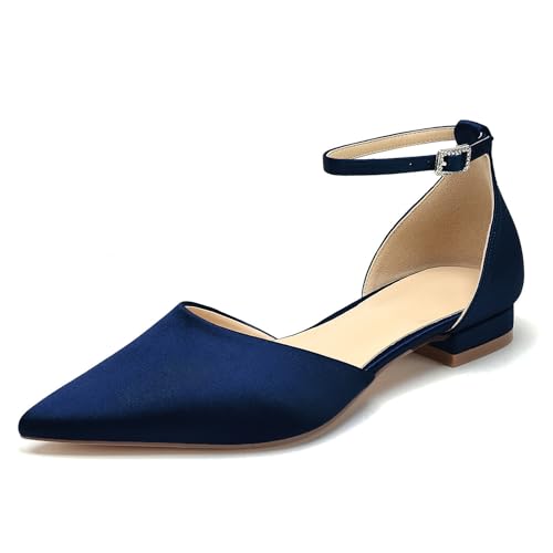 OAUSZC Brautschuhe Flache Ballerinas Damen Satin Spitze Zehen Riemen Hochzeitsschuhe,Marine,43 EU von OAUSZC