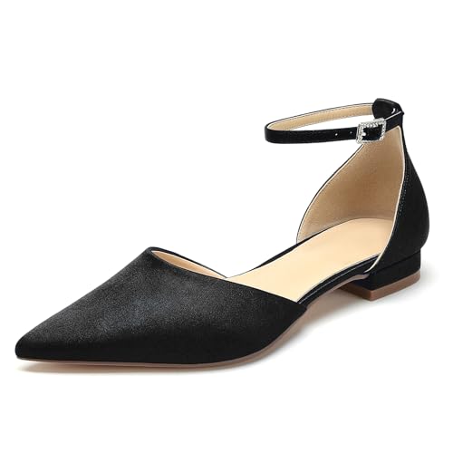 OAUSZC Brautschuhe Flache Ballerinas Damen Satin Spitze Zehen Riemen Hochzeitsschuhe,Schwarz,43 EU von OAUSZC