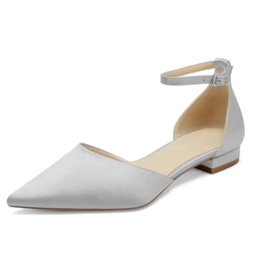 OAUSZC Brautschuhe Flache Ballerinas Damen Satin Spitze Zehen Riemen Hochzeitsschuhe,Silber,40 EU von OAUSZC