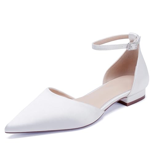 OAUSZC Brautschuhe Flache Ballerinas Damen Satin Spitze Zehen Riemen Hochzeitsschuhe,Weiß,35 EU von OAUSZC