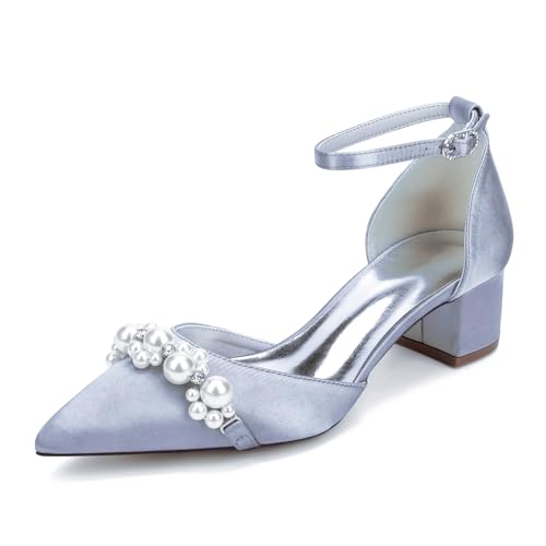 OAUSZC Damen 4.5cm Blockabsatz Brautschuhe Satin Perlen Knöchelriemen Spitze Zehen Party Hochzeitsschuhe 2309-15R,Silber,42 EU OAUSZC Damen 4.5cm Blockabsatz Brautschuhe Satin Perlen Knöchelriemen Spitze Zehen Party Hochzeitsschuhe 2309-15R,Silber,42 EU von OAUSZC