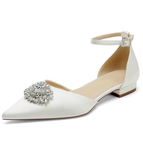 OAUSZC Damen Ballerinas Flache Brautschuhe Knöchelriemen Satin Strass Spitze Zehen Abend Hochzeitsschuhe,Elfenbein,41 EU OAUSZC Damen Ballerinas Flache Brautschuhe Knöchelriemen Satin Strass Spitze Zehen Abend Hochzeitsschuhe,Elfenbein,41 EU von OAUSZC