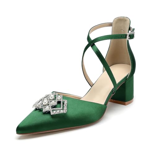 OAUSZC Damen Blockabsatz Brautschuhe Kreuzriemen Pumps Satin Strass Spitze Zehen Brautjungfernschuhe Hochzeitsschuhe,Grün,42 EU von OAUSZC