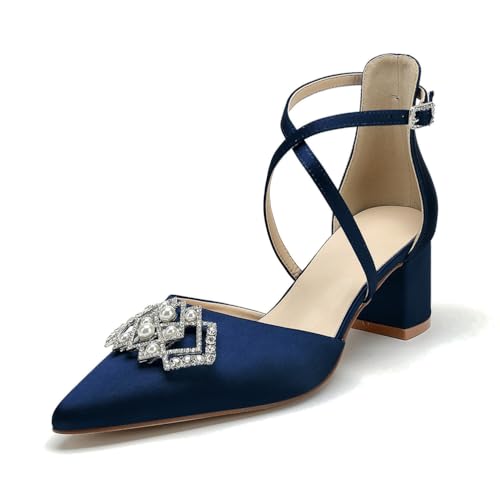 OAUSZC Damen Blockabsatz Brautschuhe Kreuzriemen Pumps Satin Strass Spitze Zehen Brautjungfernschuhe Hochzeitsschuhe,Marine,38 EU von OAUSZC