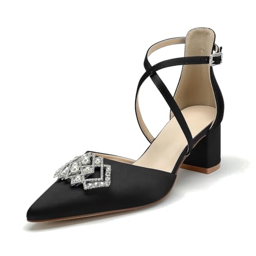 OAUSZC Damen Blockabsatz Brautschuhe Kreuzriemen Pumps Satin Strass Spitze Zehen Brautjungfernschuhe Hochzeitsschuhe,Schwarz,35 EU von OAUSZC