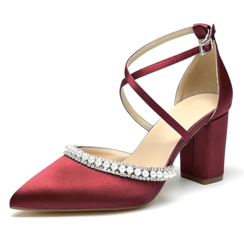 OAUSZC Damen Blockabsatz Brautschuhe Riemen Pumps Satin Spitze Zehen Party Abschlussball Hochzeitsschuhe,Burgundy,35 EU von OAUSZC