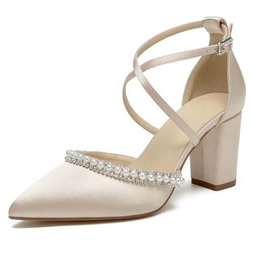 OAUSZC Damen Blockabsatz Brautschuhe Riemen Pumps Satin Spitze Zehen Party Abschlussball Hochzeitsschuhe,Champagne,43 EU von OAUSZC