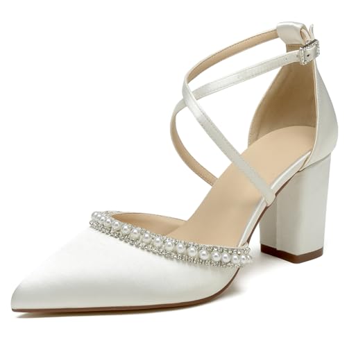 OAUSZC Damen Blockabsatz Brautschuhe Riemen Pumps Satin Spitze Zehen Party Abschlussball Hochzeitsschuhe,Elfenbein,36 EU von OAUSZC