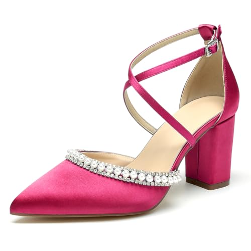 OAUSZC Damen Blockabsatz Brautschuhe Riemen Pumps Satin Spitze Zehen Party Abschlussball Hochzeitsschuhe,Fuchsia,43 EU von OAUSZC