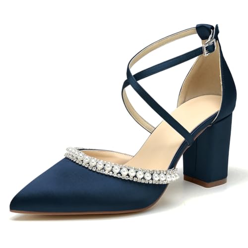 OAUSZC Damen Blockabsatz Brautschuhe Riemen Pumps Satin Spitze Zehen Party Abschlussball Hochzeitsschuhe,Marine,39 EU von OAUSZC