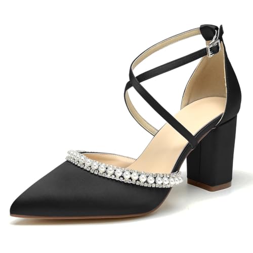 OAUSZC Damen Blockabsatz Brautschuhe Riemen Pumps Satin Spitze Zehen Party Abschlussball Hochzeitsschuhe,Schwarz,37 EU von OAUSZC
