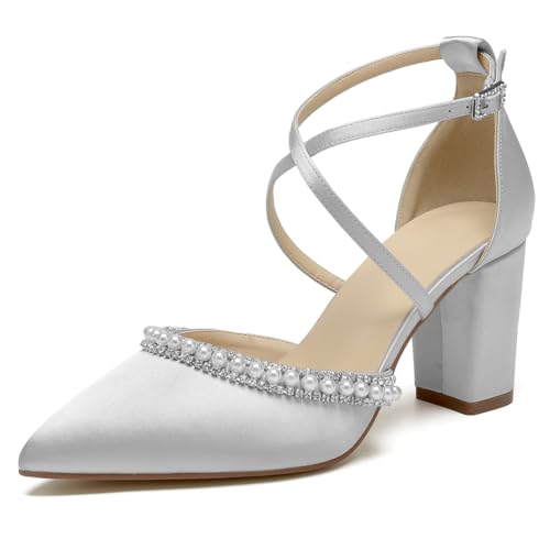 OAUSZC Damen Blockabsatz Brautschuhe Riemen Pumps Satin Spitze Zehen Party Abschlussball Hochzeitsschuhe,Silber,37 EU von OAUSZC