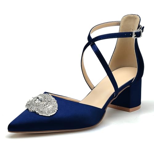 OAUSZC Damen Blockabsatz Brautschuhe gekreuzten Riemchen Pumps Strass Spitze Zehen Hochzeits Abendschuhe,Marine,36 EU von OAUSZC