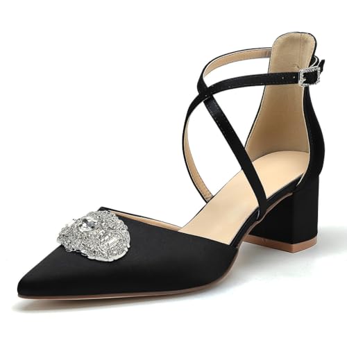 OAUSZC Damen Blockabsatz Brautschuhe gekreuzten Riemchen Pumps Strass Spitze Zehen Hochzeits Abendschuhe,Schwarz,38 EU von OAUSZC