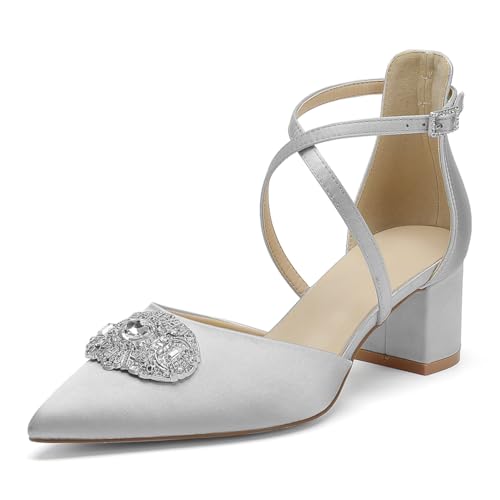 OAUSZC Damen Blockabsatz Brautschuhe gekreuzten Riemchen Pumps Strass Spitze Zehen Hochzeits Abendschuhe,Silber,35 EU von OAUSZC