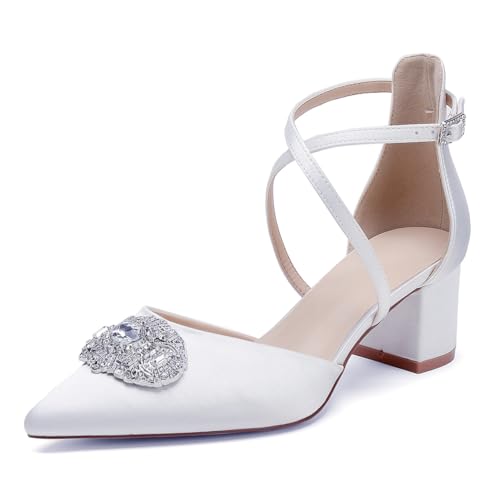 OAUSZC Damen Blockabsatz Brautschuhe gekreuzten Riemchen Pumps Strass Spitze Zehen Hochzeits Abendschuhe,Weiß,35 EU von OAUSZC