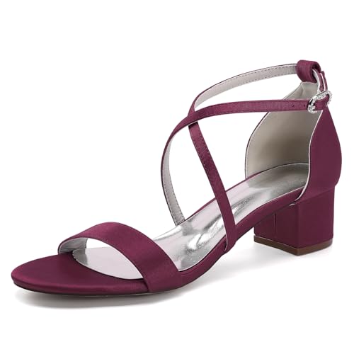 OAUSZC Damen Blockabsatz Hochzeitssandalen Satin Offene Zehen Kreuz Riemchen Formelle Partyschuhe 13091-1A,Burgundy,38 EU von OAUSZC