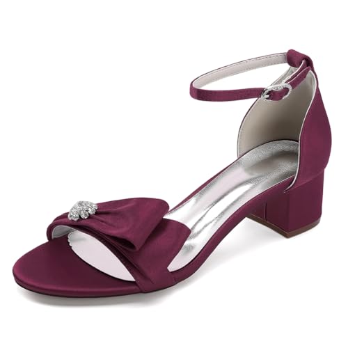 OAUSZC Damen Brautsandalen Blockabsatz 5.5Cm Offener Zehen Satin Knöchelriemen Schleife Hochzeit Party Abend Schuhe 13091-1KD,Burgundy,39 EU von OAUSZC