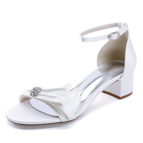 OAUSZC Damen Brautsandalen Blockabsatz 5.5Cm Offener Zehen Satin Knöchelriemen Schleife Hochzeit Party Abend Schuhe 13091-1KD,Weiß,38 EU von OAUSZC