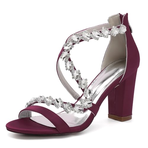 OAUSZC Damen Brautsandalen Mit Blockabsatz Strass Riemchensandalen Satin Offene Zehen Abend Hochzeitsschuhe 2022–48M,Burgundy,42 EU von OAUSZC