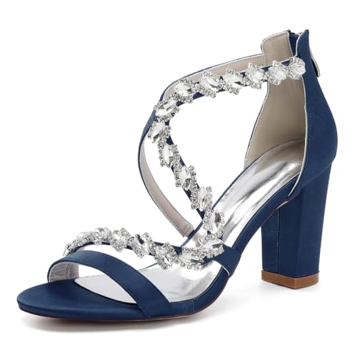 OAUSZC Damen Brautsandalen Mit Blockabsatz Strass Riemchensandalen Satin Offene Zehen Abend Hochzeitsschuhe 2022–48M,Marine,36 EU von OAUSZC