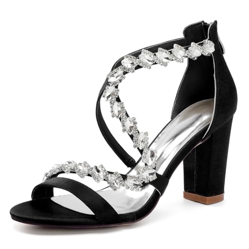 OAUSZC Damen Brautsandalen Mit Blockabsatz Strass Riemchensandalen Satin Offene Zehen Abend Hochzeitsschuhe 2022–48M,Schwarz,37 EU von OAUSZC