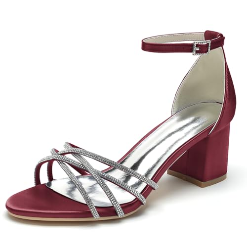 OAUSZC Damen Brautschuhe Mit Blockabsatz 6Cm Offener Zehen Satin Strass Party Hochzeitsschuhe Brautjungfernschuhe CG1920-50,Burgundy,40 EU von OAUSZC