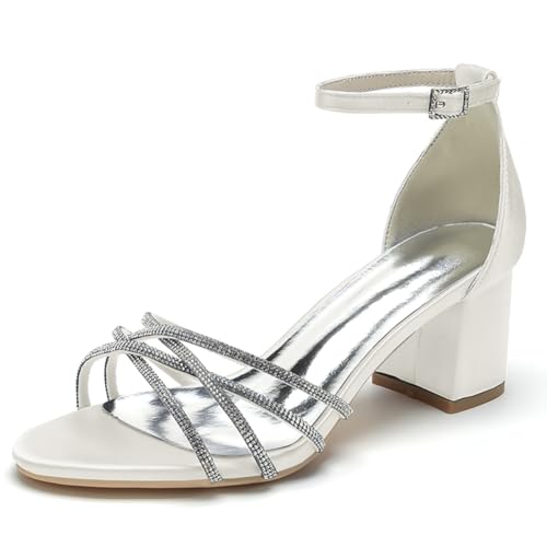 OAUSZC Damen Brautschuhe Mit Blockabsatz 6Cm Offener Zehen Satin Strass Party Hochzeitsschuhe Brautjungfernschuhe CG1920-50,Elfenbein,38 EU von OAUSZC