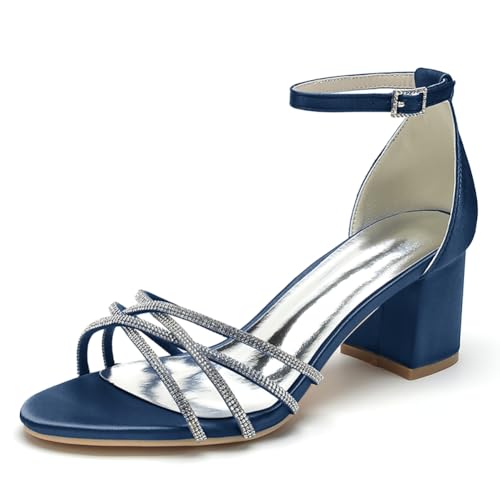 OAUSZC Damen Brautschuhe Mit Blockabsatz 6Cm Offener Zehen Satin Strass Party Hochzeitsschuhe Brautjungfernschuhe CG1920-50,Marine,37 EU von OAUSZC