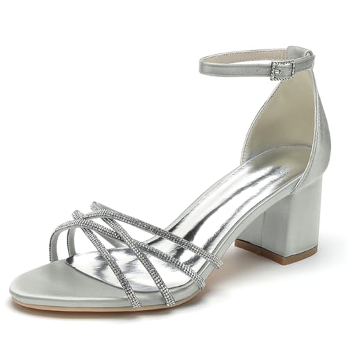 OAUSZC Damen Brautschuhe Mit Blockabsatz 6Cm Offener Zehen Satin Strass Party Hochzeitsschuhe Brautjungfernschuhe CG1920-50,Silber,41 EU von OAUSZC