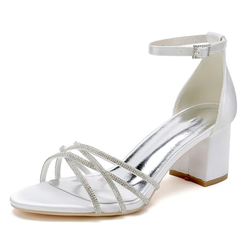 OAUSZC Damen Brautschuhe Mit Blockabsatz 6Cm Offener Zehen Satin Strass Party Hochzeitsschuhe Brautjungfernschuhe CG1920-50,Weiß,43 EU von OAUSZC