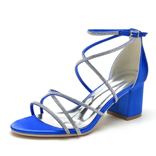 OAUSZC Damen Brautschuhe Sandalen Blockabsatz 6cm Strass Riemchen Satin Offene Zehen Hochzeitsschuhe CG1920-52,Blau,41 EU von OAUSZC