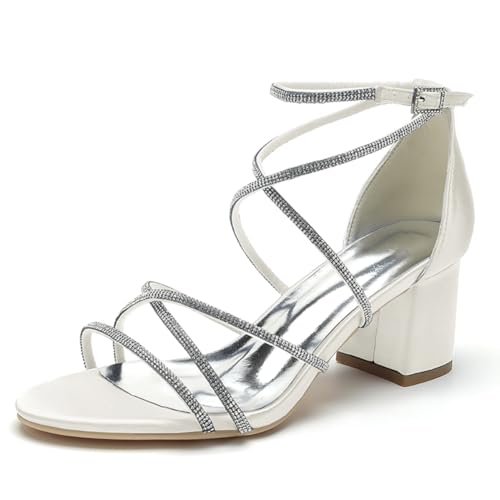 OAUSZC Damen Brautschuhe Sandalen Blockabsatz 6cm Strass Riemchen Satin Offene Zehen Hochzeitsschuhe CG1920-52,Elfenbein,42 EU von OAUSZC