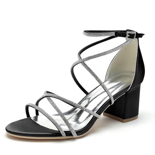 OAUSZC Damen Brautschuhe Sandalen Blockabsatz 6cm Strass Riemchen Satin Offene Zehen Hochzeitsschuhe CG1920-52,Schwarz,37 EU von OAUSZC