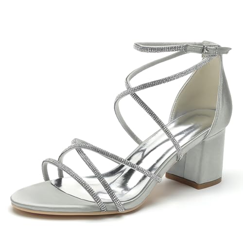 OAUSZC Damen Brautschuhe Sandalen Blockabsatz 6cm Strass Riemchen Satin Offene Zehen Hochzeitsschuhe CG1920-52,Silber,36 EU von OAUSZC