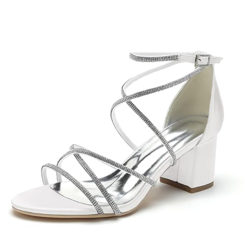 OAUSZC Damen Brautschuhe Sandalen Blockabsatz 6cm Strass Riemchen Satin Offene Zehen Hochzeitsschuhe CG1920-52,Weiß,38 EU von OAUSZC