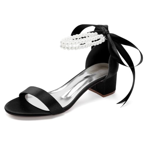 OAUSZC Damen Brautschuhe Sandalen Blockabsatz Satin Perlen Riemen Offener Zehen Party Hochzeitsschuhe 13091-1SS,Schwarz,39 EU von OAUSZC
