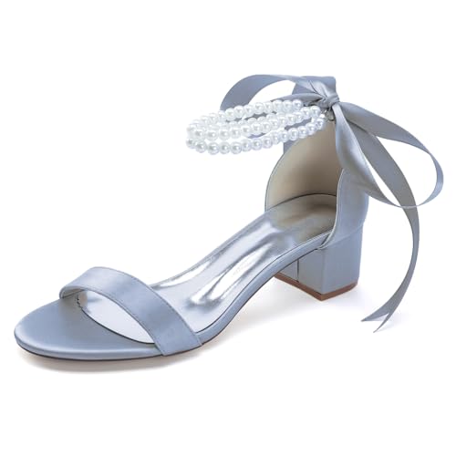 OAUSZC Damen Brautschuhe Sandalen Blockabsatz Satin Perlen Riemen Offener Zehen Party Hochzeitsschuhe 13091-1SS,Silber,40 EU von OAUSZC