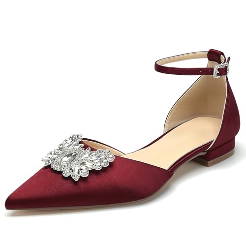 OAUSZC Damen Flache Brautschuhe Knöchelriemen Strass Satin Ballerinas Geschlossene Zehen Hochzeitskleid Abendschuhe,Burgundy,36 EU OAUSZC Damen Flache Brautschuhe Knöchelriemen Strass Satin Ballerinas Geschlossene Zehen Hochzeitskleid Abendschuhe,Burgundy,36 EU von OAUSZC