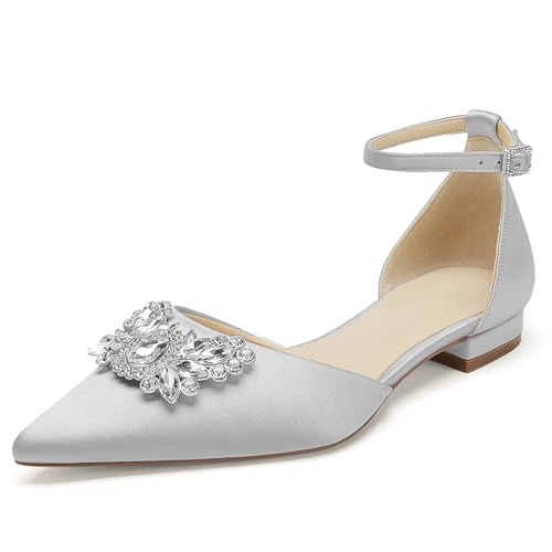 OAUSZC Damen Flache Brautschuhe Knöchelriemen Strass Satin Ballerinas Geschlossene Zehen Hochzeitskleid Abendschuhe,Silber,43 EU OAUSZC Damen Flache Brautschuhe Knöchelriemen Strass Satin Ballerinas Geschlossene Zehen Hochzeitskleid Abendschuhe,Silber,43 EU von OAUSZC