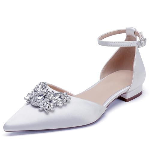 OAUSZC Damen Flache Brautschuhe Knöchelriemen Strass Satin Ballerinas Geschlossene Zehen Hochzeitskleid Abendschuhe,Weiß,39 EU OAUSZC Damen Flache Brautschuhe Knöchelriemen Strass Satin Ballerinas Geschlossene Zehen Hochzeitskleid Abendschuhe,Weiß,39 EU von OAUSZC