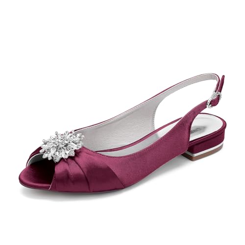 OAUSZC Damen Flache Hochzeitsschuhe Peep Toe Slingback Ballerinas Satin Strass Brautschuhe Party Sandalen 1899-16Y,Burgundy,42 EU von OAUSZC