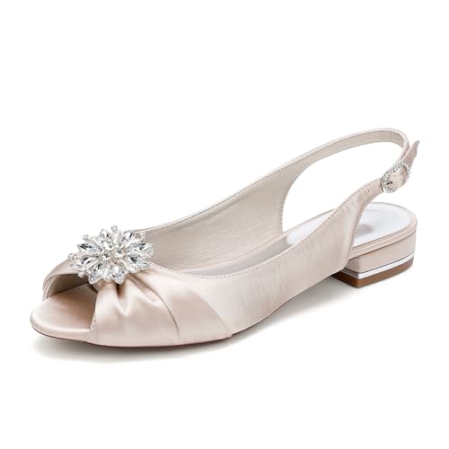 OAUSZC Damen Flache Hochzeitsschuhe Peep Toe Slingback Ballerinas Satin Strass Brautschuhe Party Sandalen 1899-16Y,Champagne,39 EU von OAUSZC