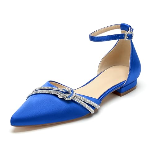 OAUSZC Damen Flache Hochzeitsschuhe Riemen Ballerinas Satin Spitze Zehen Party Brautschuhe,Blau,35 EU von OAUSZC